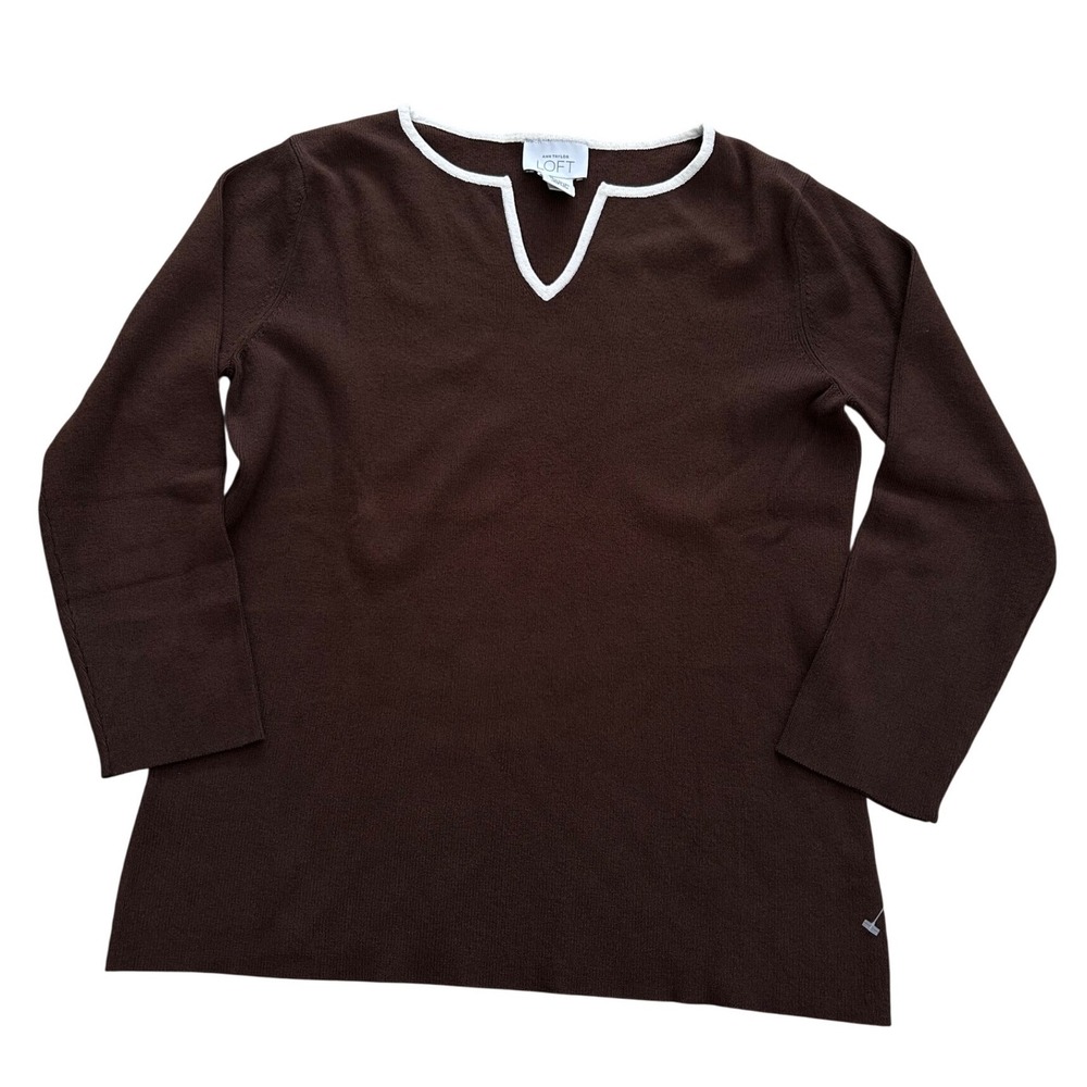 Ann Taylor Loft Brown Knit Top Split Neck White Trim 3/4 Sleeve Size S